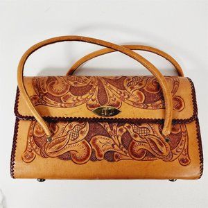 Vintage Hand Tooled Leather Purse Western Floral Laced Handbag Bag